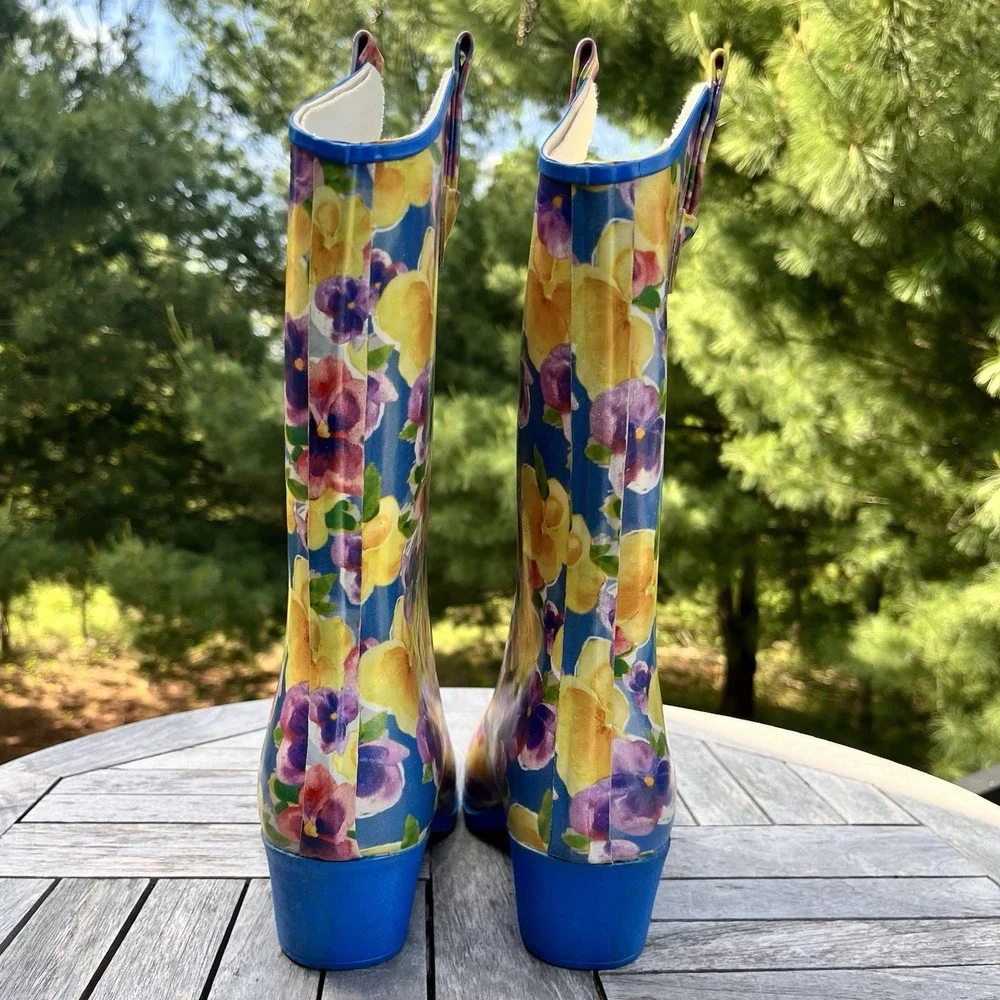 Nature Breeze Rubber Rain Boots Sz‎ 9 Cowboy Festival Floral Pansy Blue Yellow